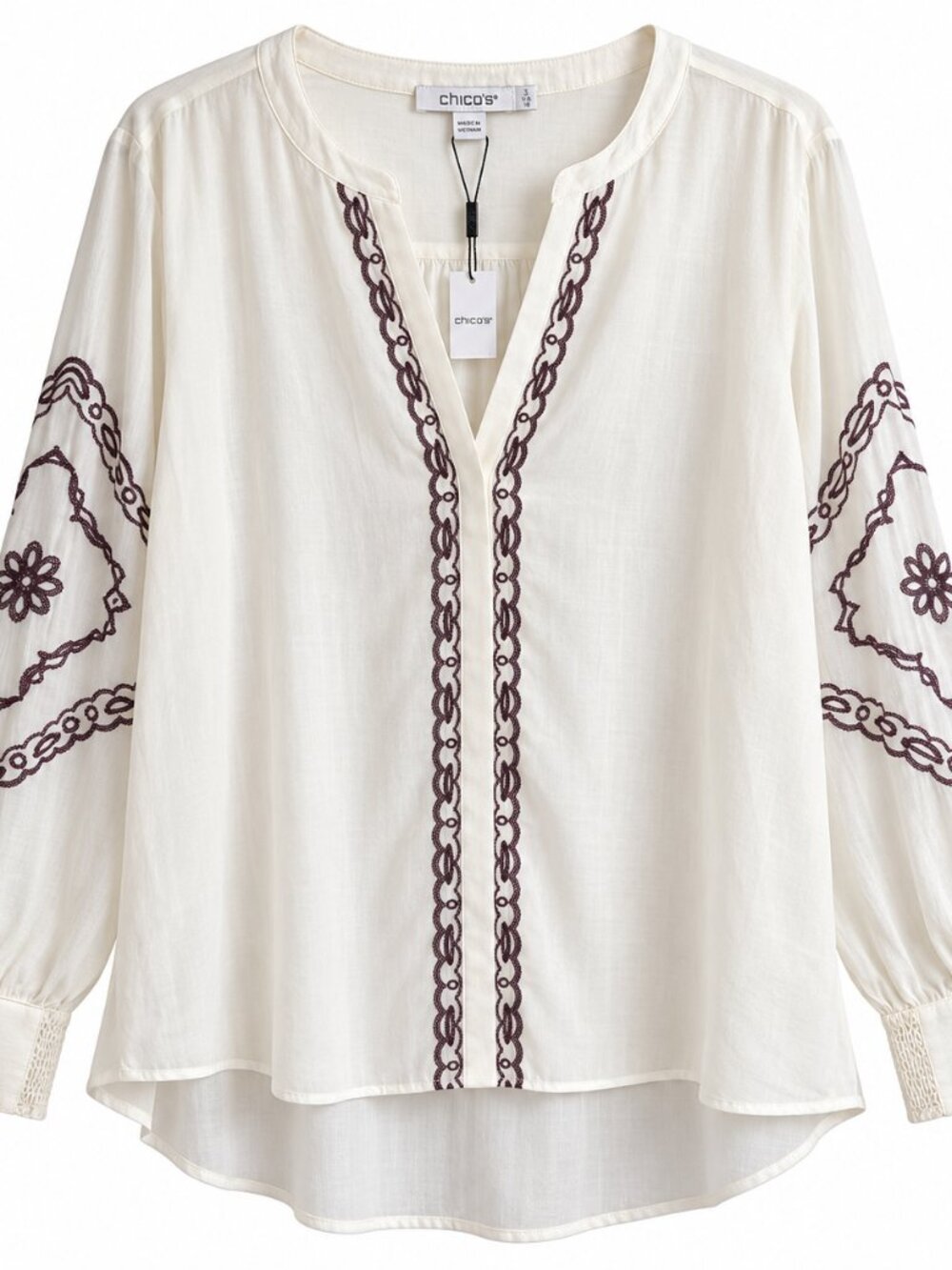 Chico's Women's Size 3 US 16 Ivory Embroidered Boho Tunic Sheer Blouse NWT